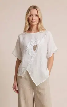 Bluza din in alb cu paiete si broderie, croi lejer asimetric, stil elegant natural imagine