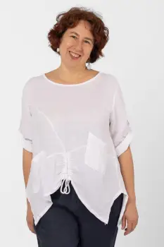 Bluza din in alba, asimetrica, cu siret pe fata imagine