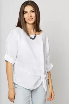 Bluza din in alba masura mare cu nod pe talie imagine