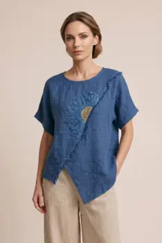 Bluza din in albastru jeans cu paiete si broderie, croi lejer asimetric, stil elegant natural imagine