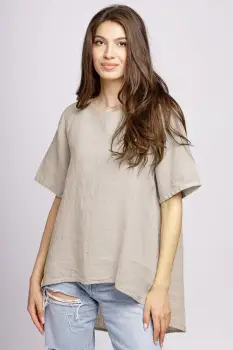 Bluza din in bej, asimetrica, cu nasturi pe spate imagine