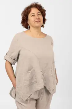 Bluza din in bej, asimetrica, cu siret pe fata imagine