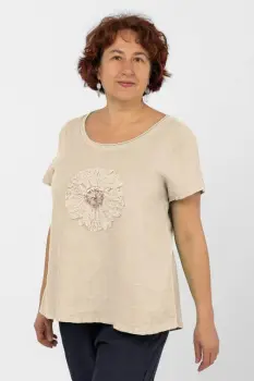 Bluza din in bej, cu floare si paiete pe piept imagine