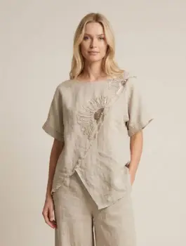 Bluza din in bej cu paiete si broderie, croi lejer asimetric, stil elegant natural imagine