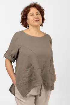 Bluza din in bej inchis, asimetrica, cu siret pe fata imagine