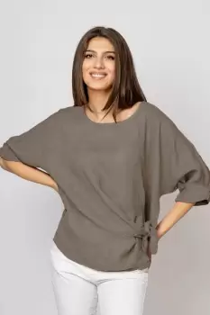 Bluza din in bej inchis, masura mare cu nod pe talie imagine