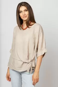 Bluza din in bej masura mare cu nod pe talie imagine