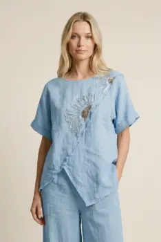 Bluza din in bleu cu paiete si broderie, croi lejer asimetric, stil elegant natural imagine