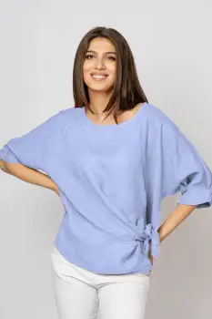 Bluza din in bleu masura mare cu nod pe talie imagine