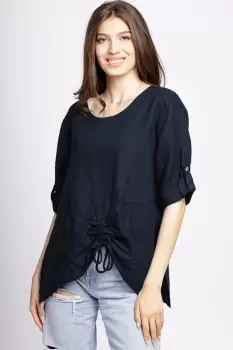 Bluza din in bleumarin, asimetrica, cu siret pe fata imagine