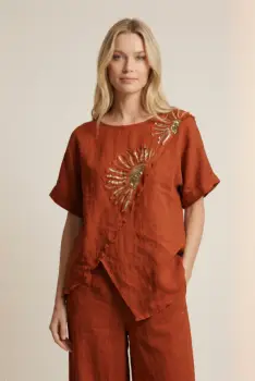 Bluza din in caramizie cu paiete si broderie, croi lejer asimetric, stil elegant natural imagine