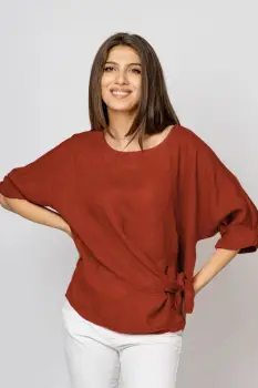 Bluza din in caramizie masura mare cu nod pe talie imagine
