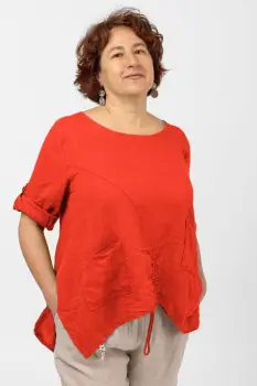 Bluza din in corai, asimetrica, cu siret pe fata imagine