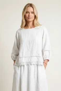 Bluza din in cu dantela, croi lejer, stil natural elegant, alba imagine