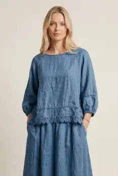 Bluza din in cu dantela, croi lejer, stil natural elegant, albastru jeans imagine