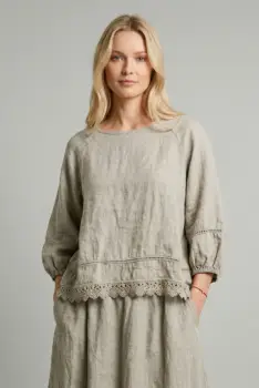 Bluza din in cu dantela, croi lejer, stil natural elegant, bej imagine