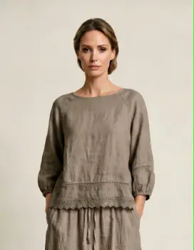 Bluza din in cu dantela, croi lejer, stil natural elegant, bej inchis imagine