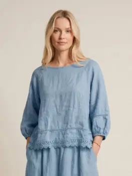 Bluza din in cu dantela, croi lejer, stil natural elegant, bleu imagine