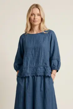 Bluza din in cu dantela, croi lejer, stil natural elegant, bleumarin imagine