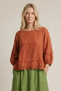 Bluza din in cu dantela, croi lejer, stil natural elegant, caramizie imagine