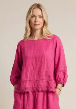 Bluza din in cu dantela, croi lejer, stil natural elegant, fucsia imagine