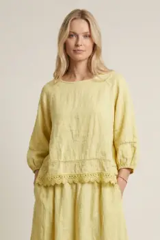 Bluza din in cu dantela, croi lejer, stil natural elegant, galben pai imagine