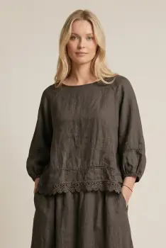 Bluza din in cu dantela, croi lejer, stil natural elegant, gri inchis imagine