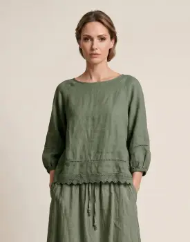 Bluza din in cu dantela, croi lejer, stil natural elegant, kaki imagine