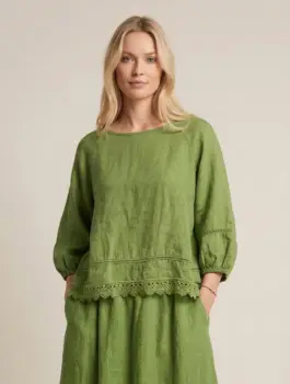 Bluza din in cu dantela, croi lejer, stil natural elegant, verde imagine