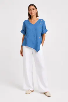 Bluza din in cu decolteu in V si nasturi decorativi, albastru jeans imagine