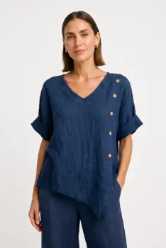 Bluza din in cu decolteu in V si nasturi decorativi, bleumarin imagine