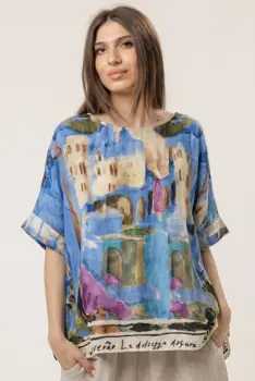 Bluza din in cu imprimeu artistic si croi lejer, predominant bleu imagine