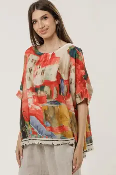 Bluza din in cu imprimeu artistic si croi lejer, predominant rosu imagine