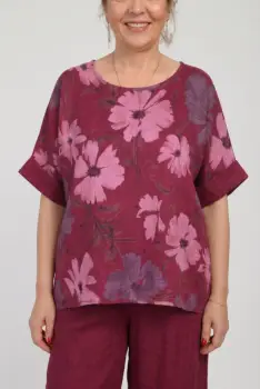 Bluza din in cu imprimeu floral pastelat si croi relaxat, bordo imagine