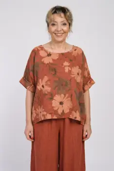Bluza din in cu imprimeu floral pastelat si croi relaxat, caramizie imagine