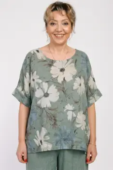 Bluza din in cu imprimeu floral pastelat si croi relaxat, kaki imagine