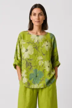 Bluza din in cu imprimeu floral pastelat si croi relaxat, verde deschis imagine