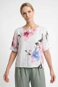 Bluza din in cu imprimeu floral si croi scurt lejer, alba imagine