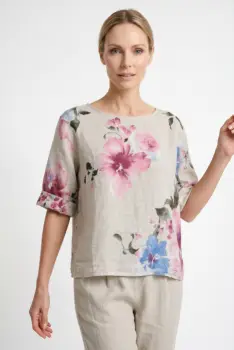 Bluza din in cu imprimeu floral si croi scurt lejer, bej imagine