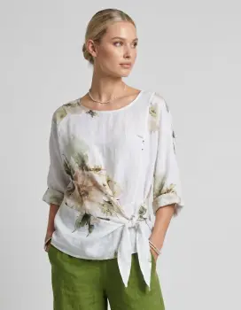 Bluza din in cu imprimeu floral watercolor si prindere laterala imagine