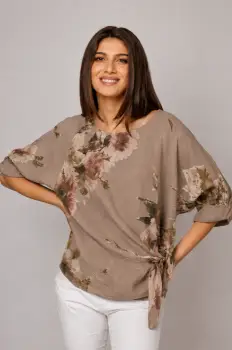 Bluza din in cu imprimeu floral watercolor si prindere laterala, bej fango imagine
