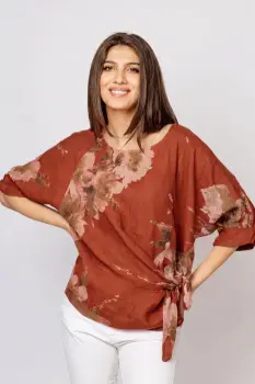 Bluza din in cu imprimeu floral watercolor si prindere laterala - Copie imagine