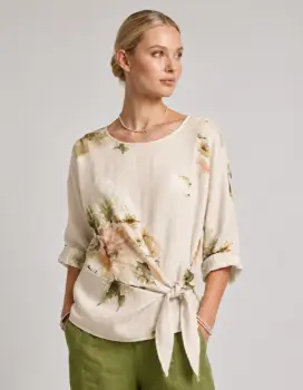 Bluza din in cu imprimeu floral watercolor si prindere laterala, fond bej imagine