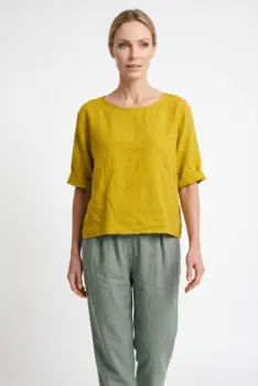 Bluza din in cu nasturi pe spate si croi scurt lejer, galben mustar imagine