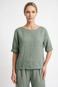 Bluza din in cu nasturi pe spate si croi scurt lejer, kaki imagine