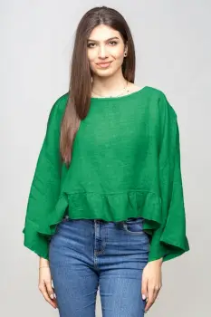 Bluza din in cu volanas, oversize, verde imagine