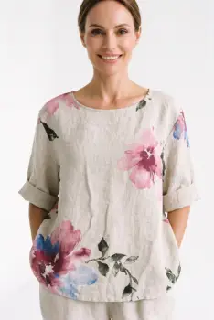 Bluza din in evazata, cu imprimeu floral acuarela si cu nasturi pe spate, bej imagine