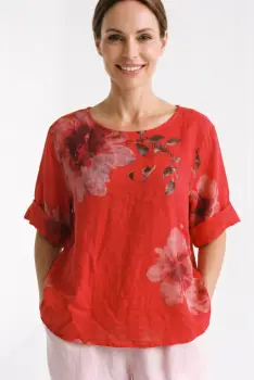Bluza din in evazata, cu imprimeu floral acuarela si cu nasturi pe spate, rosie imagine