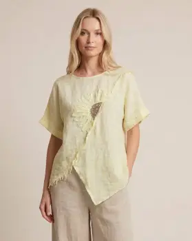 Bluza din in galben pai cu paiete si broderie, croi lejer asimetric, stil elegant natural imagine