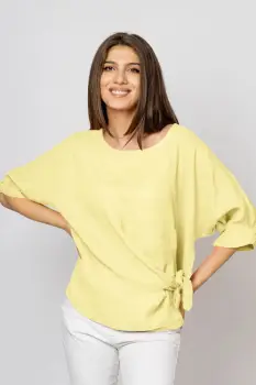 Bluza din in galben pai masura mare cu nod pe talie imagine